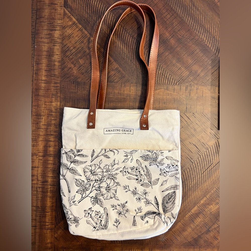 Floral Canvas Tote Bag - Cream and Brown